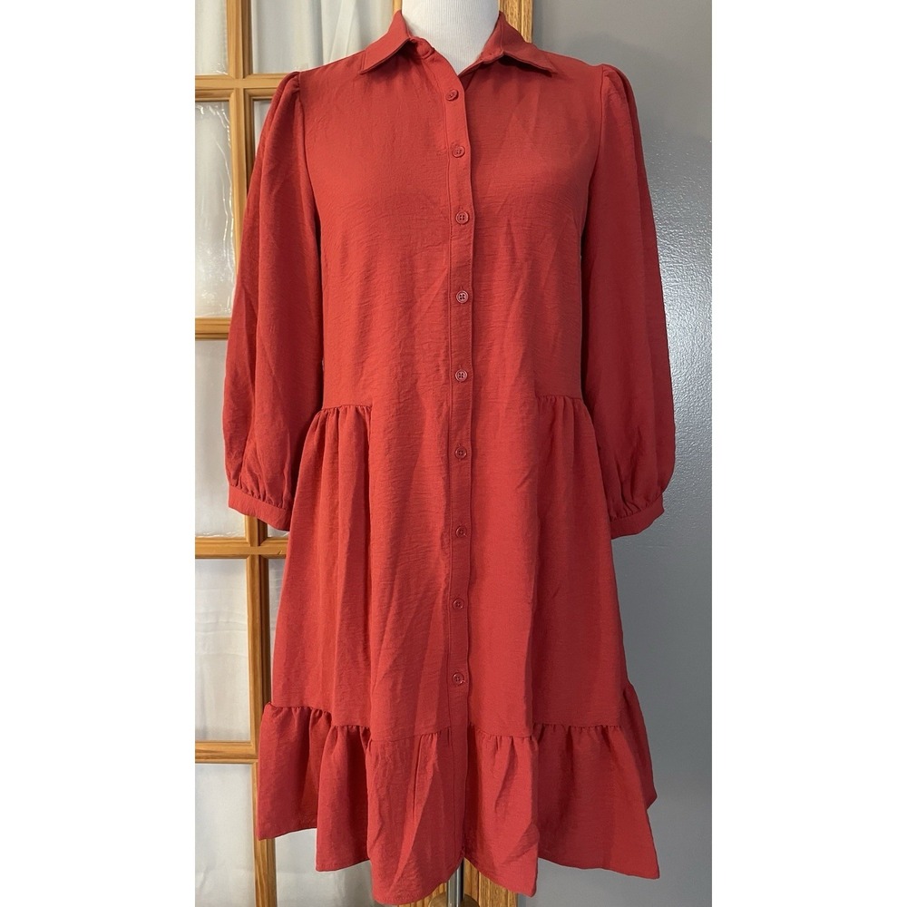 TAHARI Arthur Levine Tiered Dress Sz 4 Orange Button Up Balloon Sleeve Modern